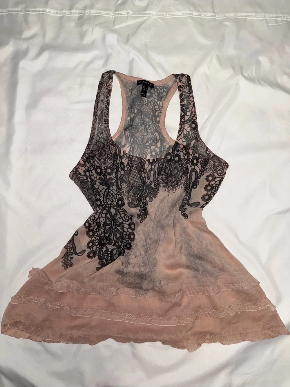 FANG Blush Pink Racerback Tank with Black Lace Print
